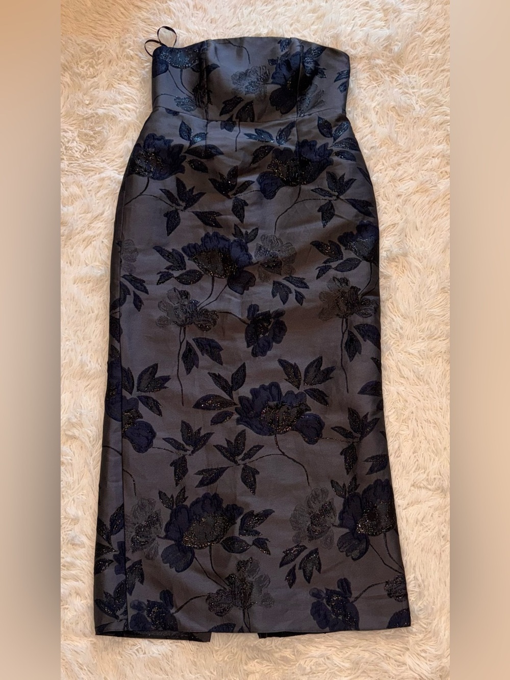 NEW Alfred Sung Metallic Floral Jacquard black navy Strapless Sheath Gown Sz 16 - Picture 4 of 9